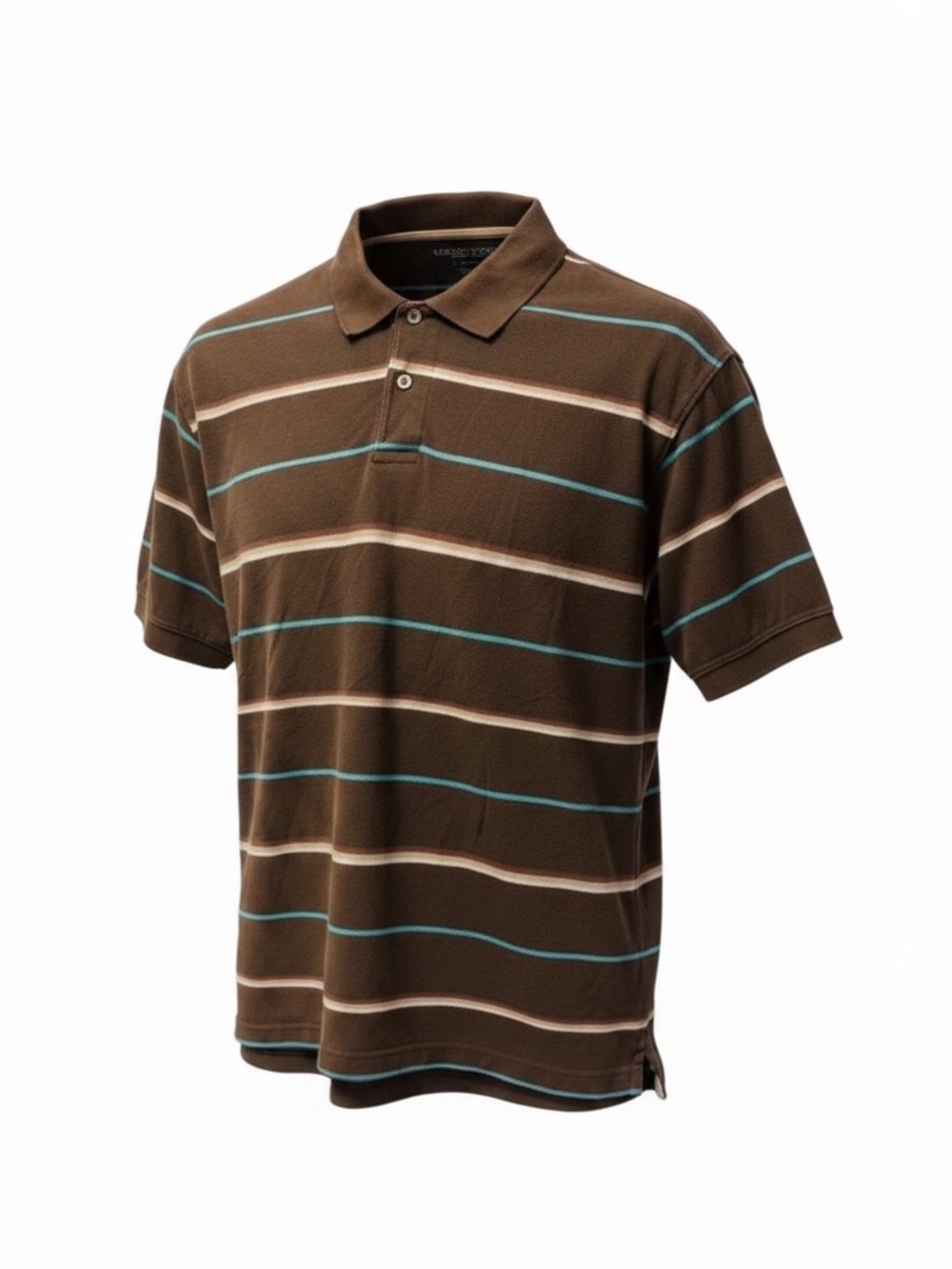 2 for $10 Faded Glory EUC Vintage Brown Polo with Cream and Light Blue Stripes